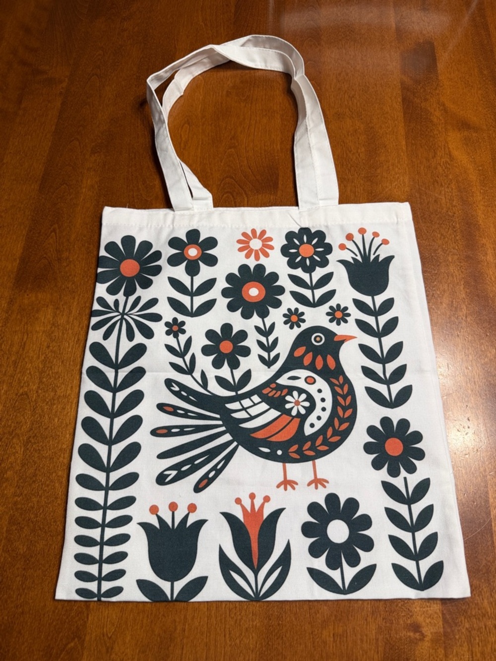 Floral Folk Art Cotton Tote with Bird Motif - Double Sides Print